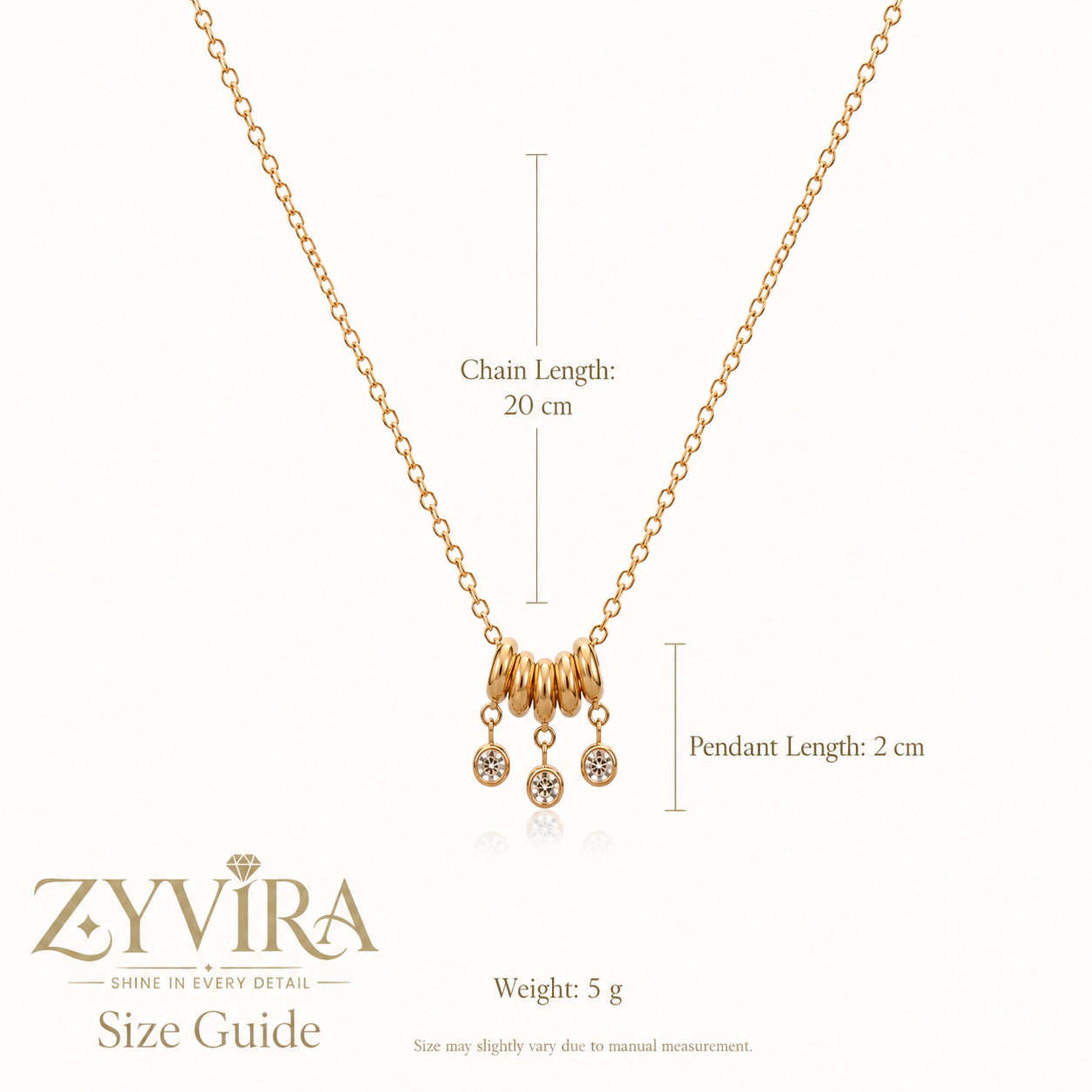 Size guide showing the proportions of the bead-cluster charm necklace