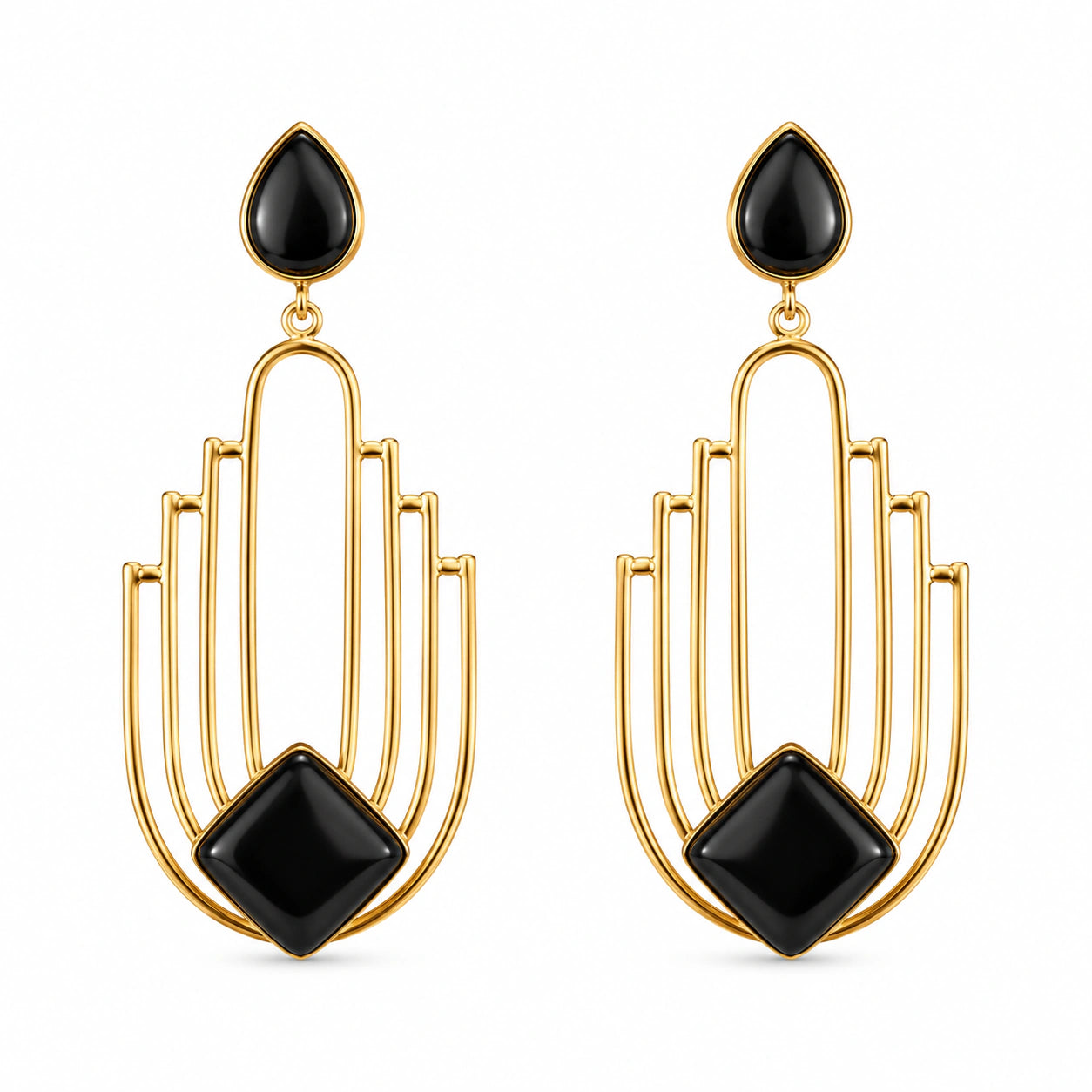 Close-up of black geometric panels and gold-tone detailing
