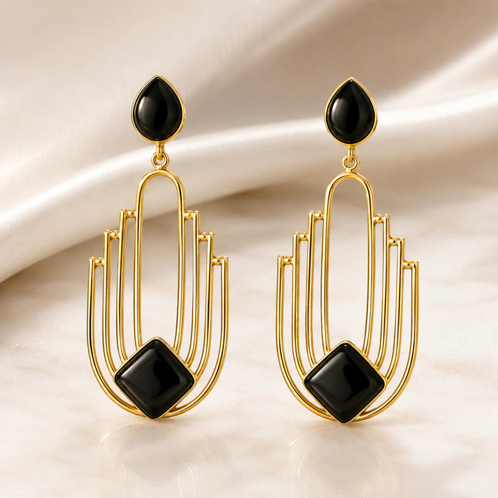 Western gold black geometric dangle earrings