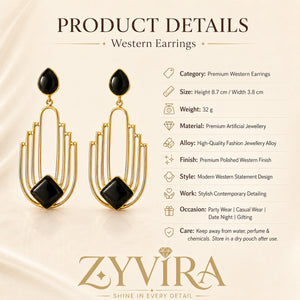 Product details card for gold black geometric dangle earrings