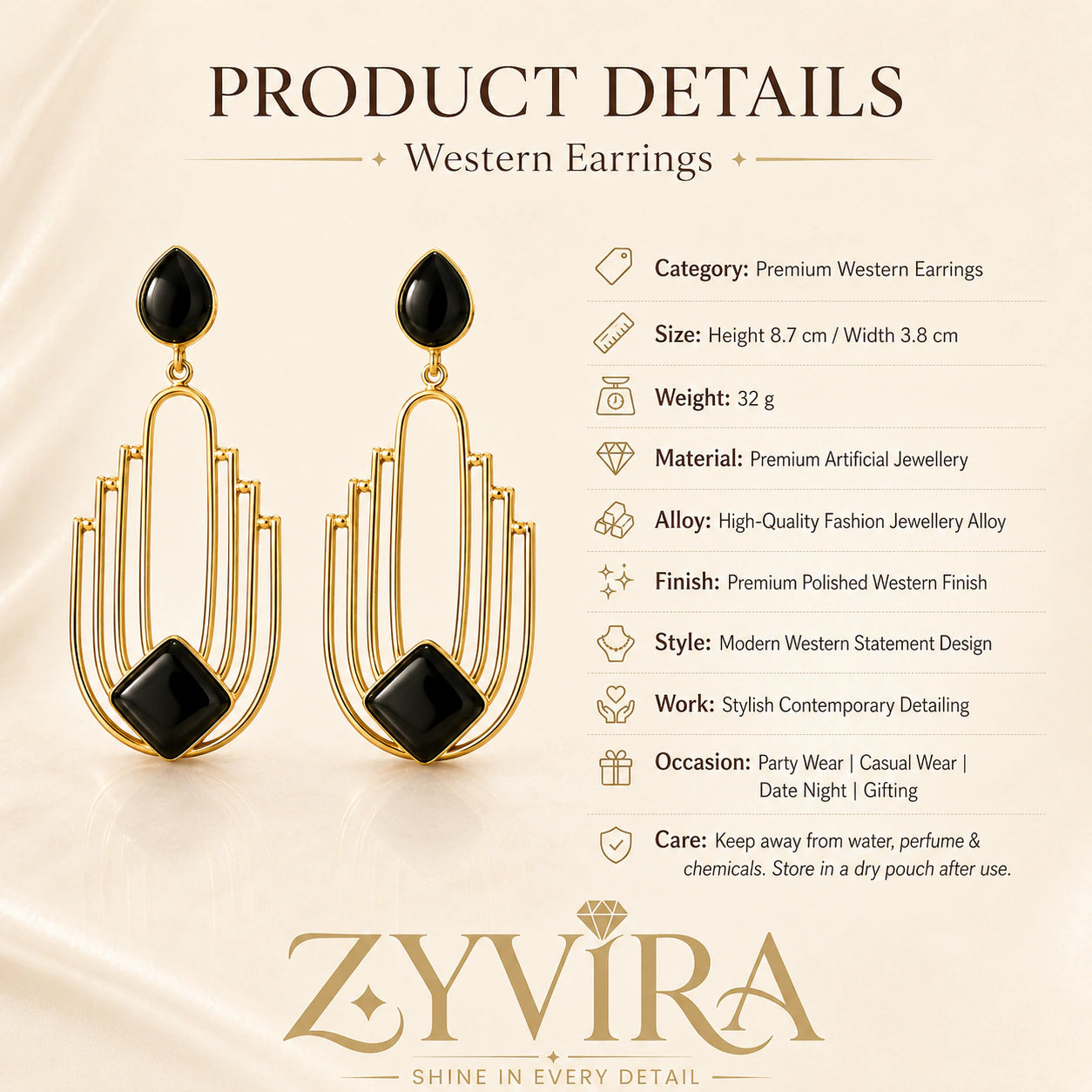 Product details card for gold black geometric dangle earrings