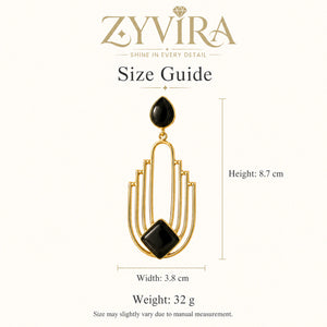 Size guide showing the proportions of black geometric dangle earrings