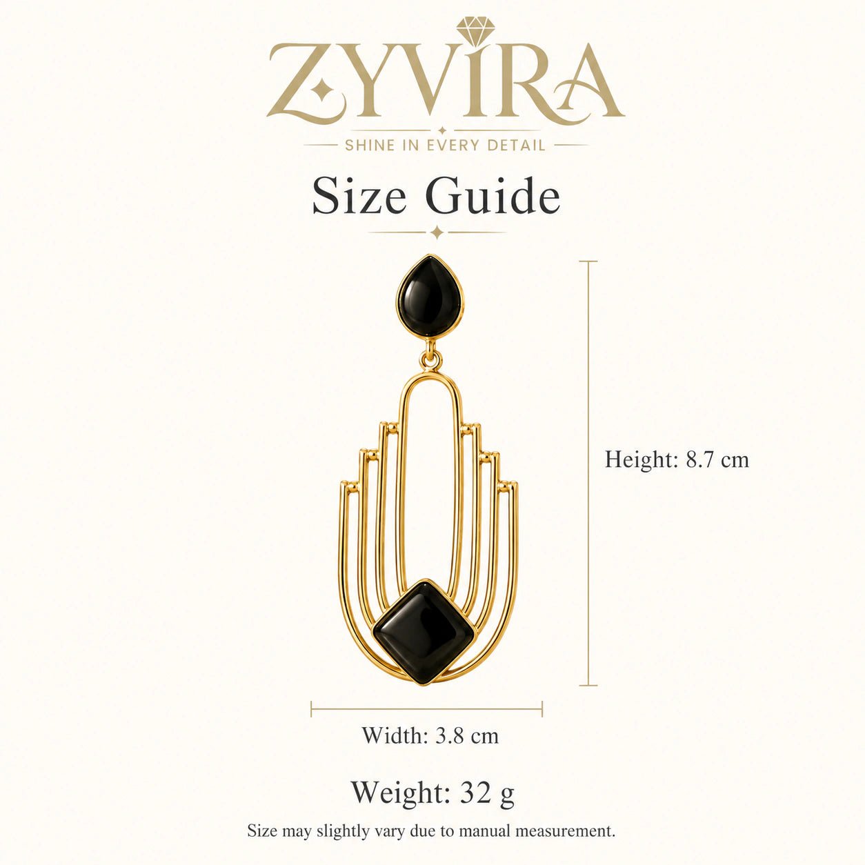 Size guide showing the proportions of black geometric dangle earrings