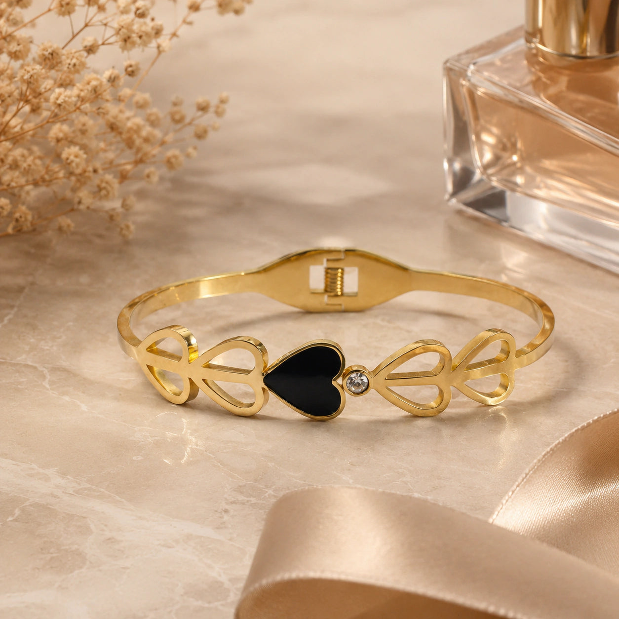 Close-up of black heart crystals and cutout detailing