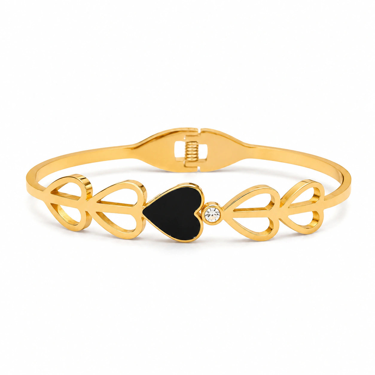 Gold-tone black heart crystal cutout kada bracelet