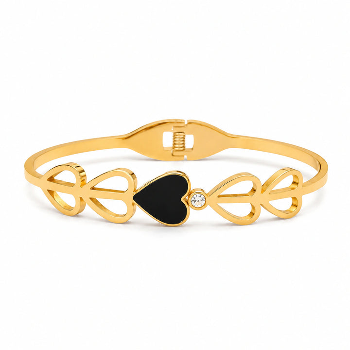 Gold-tone black heart crystal cutout kada bracelet