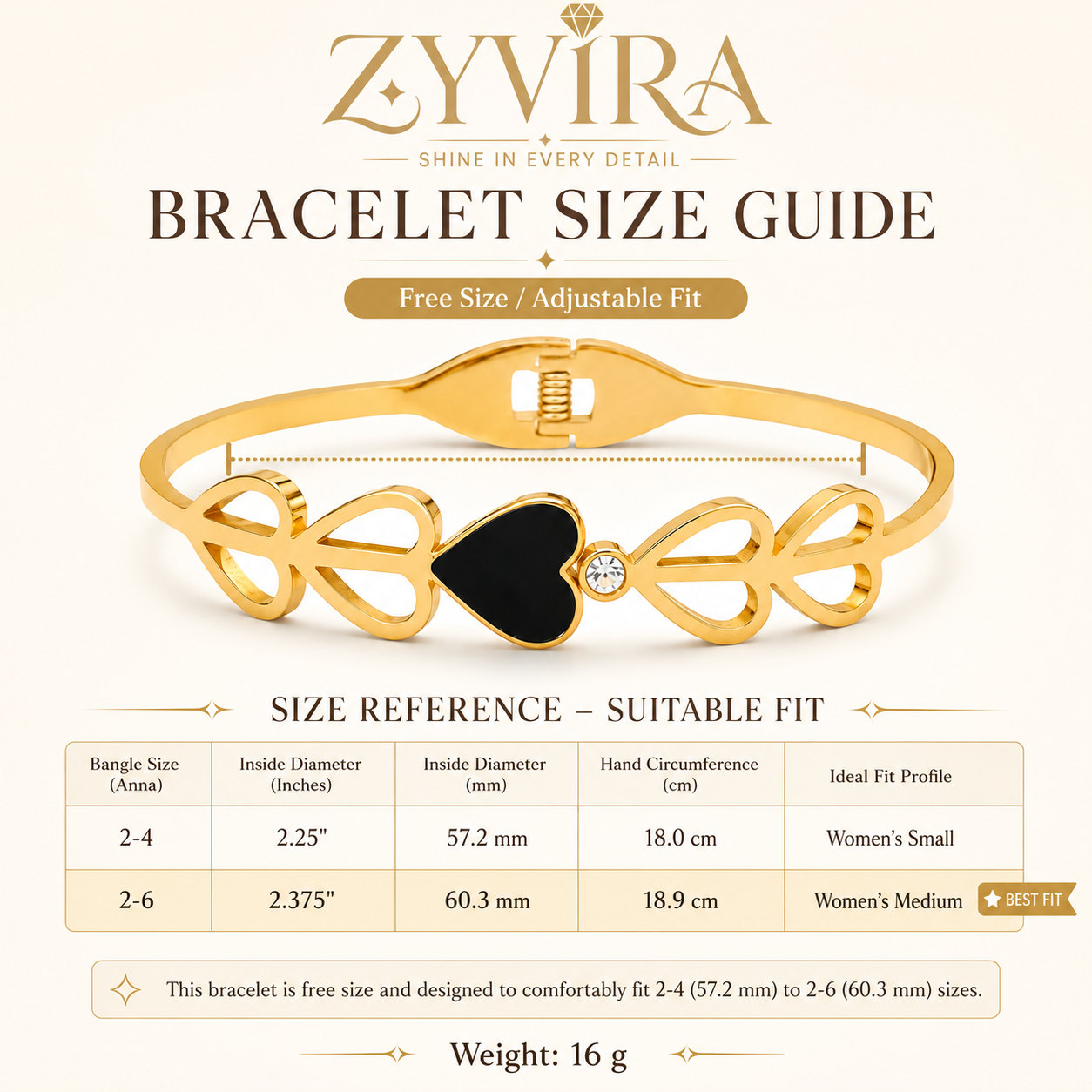 Additional product presentation of the gold black-heart crystal kada