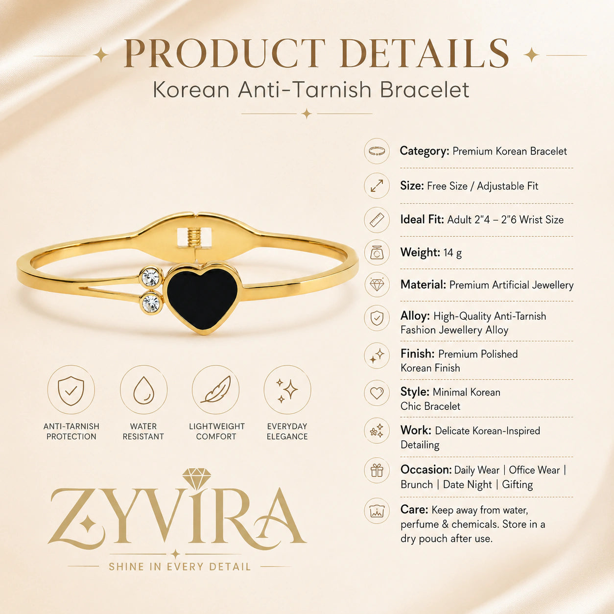 Gold black-heart crystal kada styled in an elegant jewellery flat lay