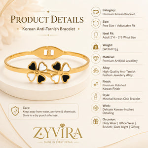 Gold black clover kada styled in an elegant jewellery flat lay