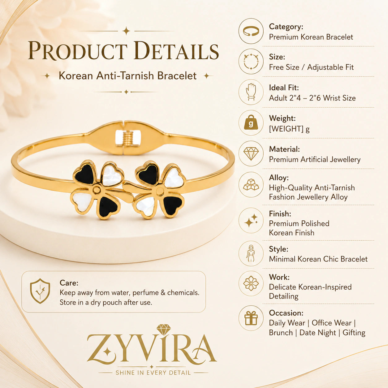 Gold black clover kada styled in an elegant jewellery flat lay