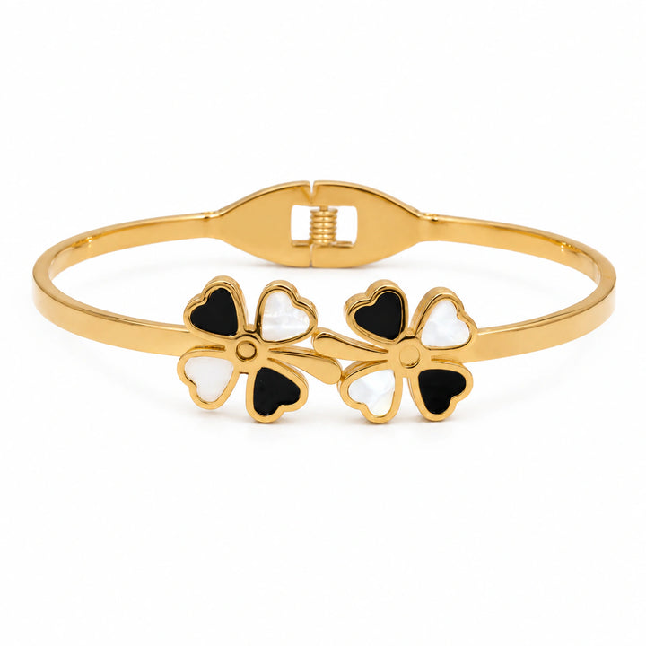 Gold-tone black pearl clover crystal kada bracelet