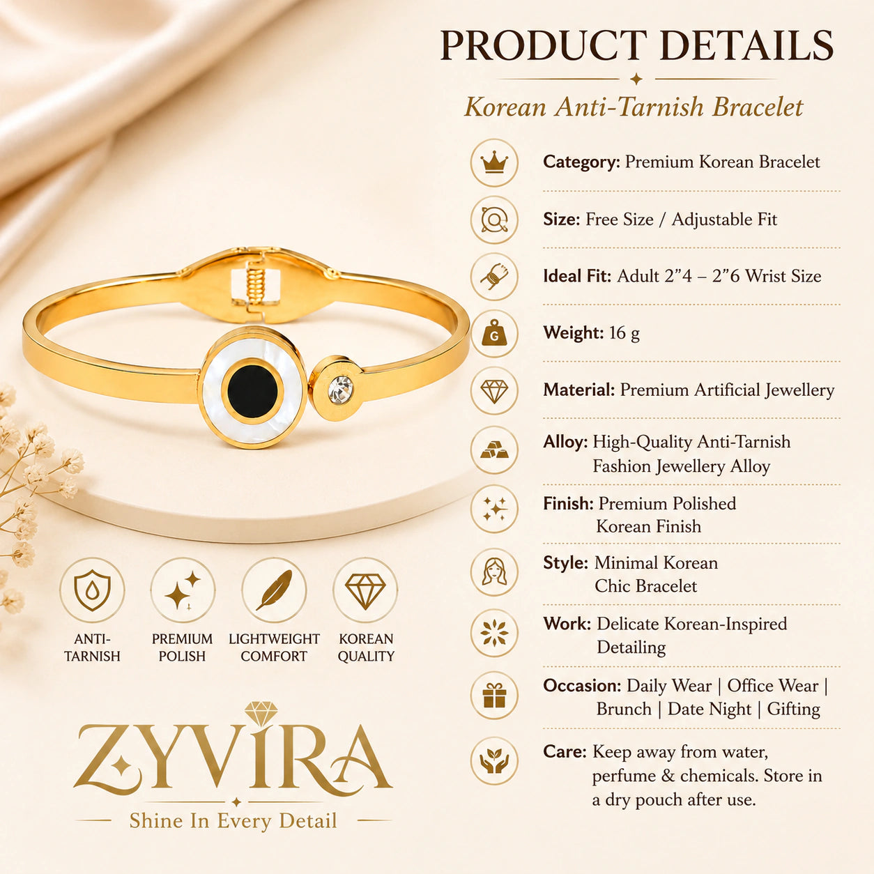 Gold black-centre halo kada styled in an elegant jewellery flat lay