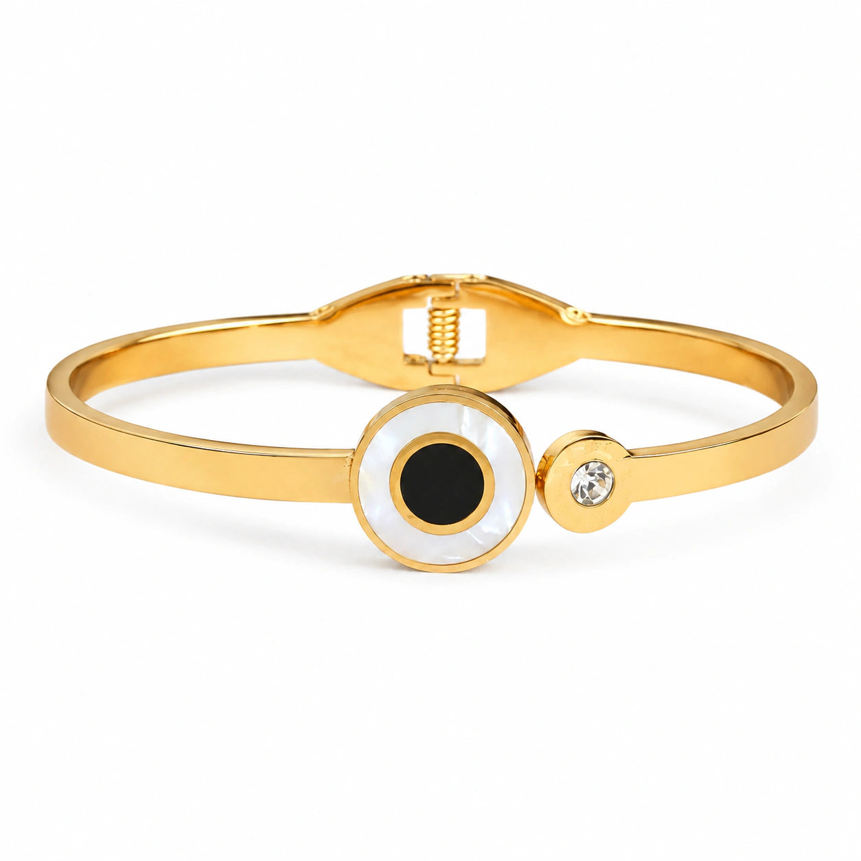 Gold-tone black center pearl-style halo crystal kada bracelet