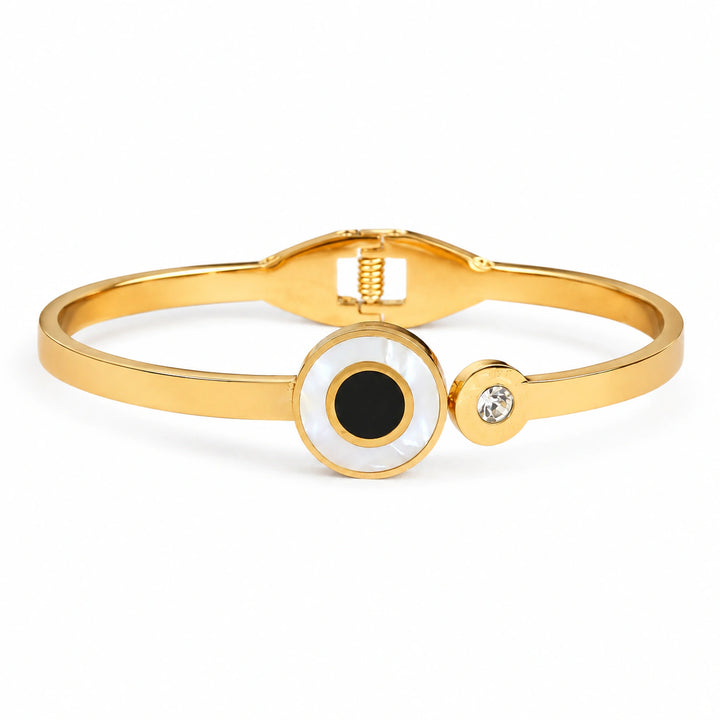 Gold-tone black center pearl-style halo crystal kada bracelet