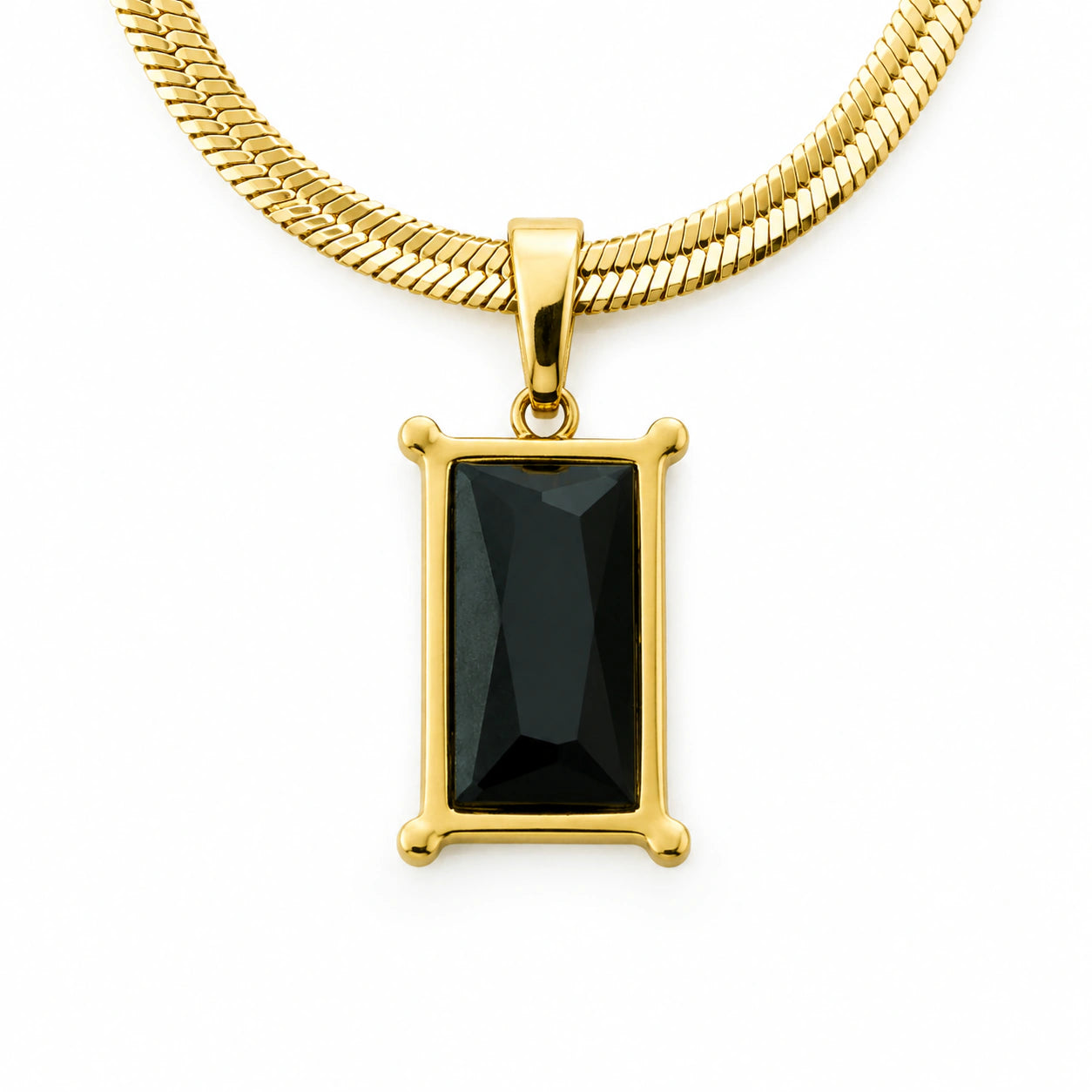 Gold-tone black rectangular stone snake chain necklace