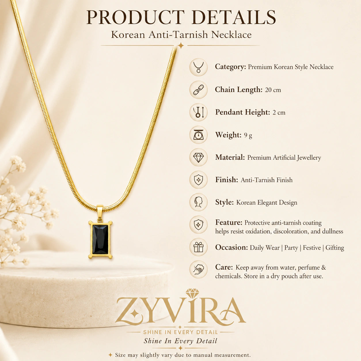 Product details card for the gold black stone snake-chain necklace