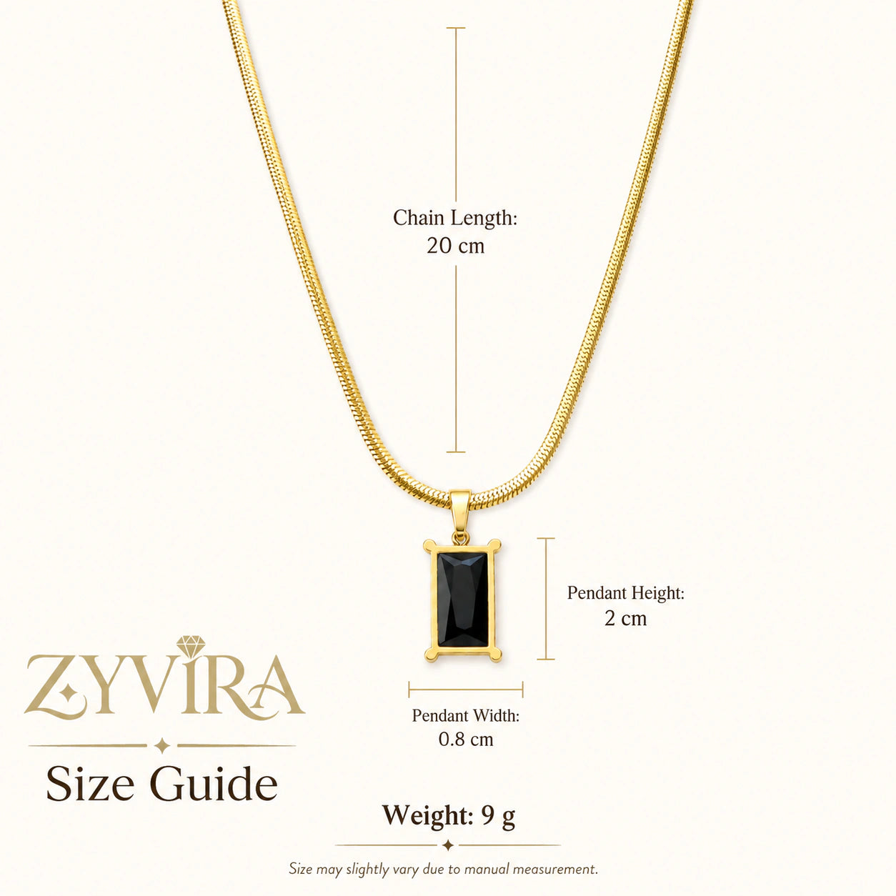 Size guide showing the proportions of the black stone necklace
