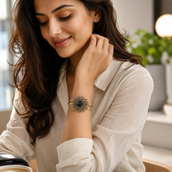Gold-tone black sunburst crystal-style double-band kada bracelet