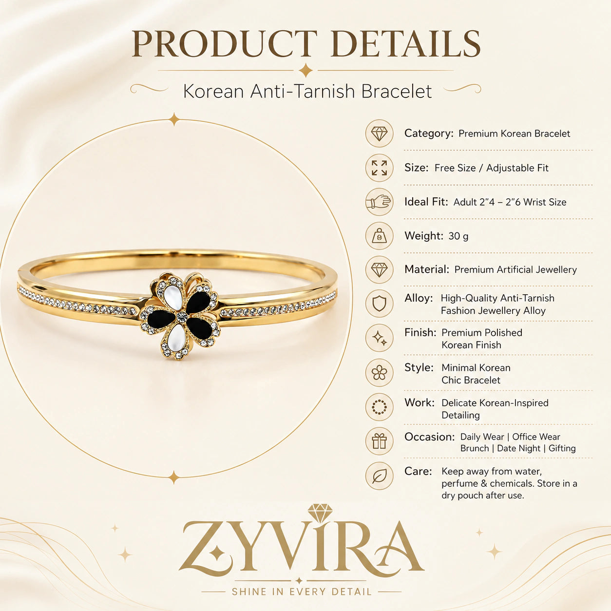 Open structure view of the gold floral crystal bracelet