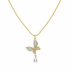 Angled view of the gold blue butterfly crystal necklace