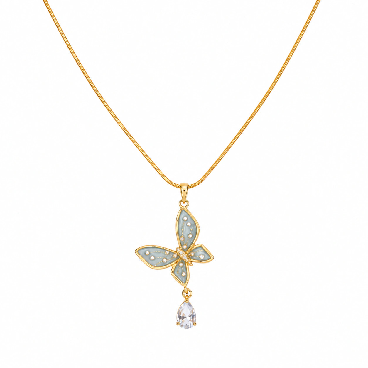 Angled view of the gold blue butterfly crystal necklace