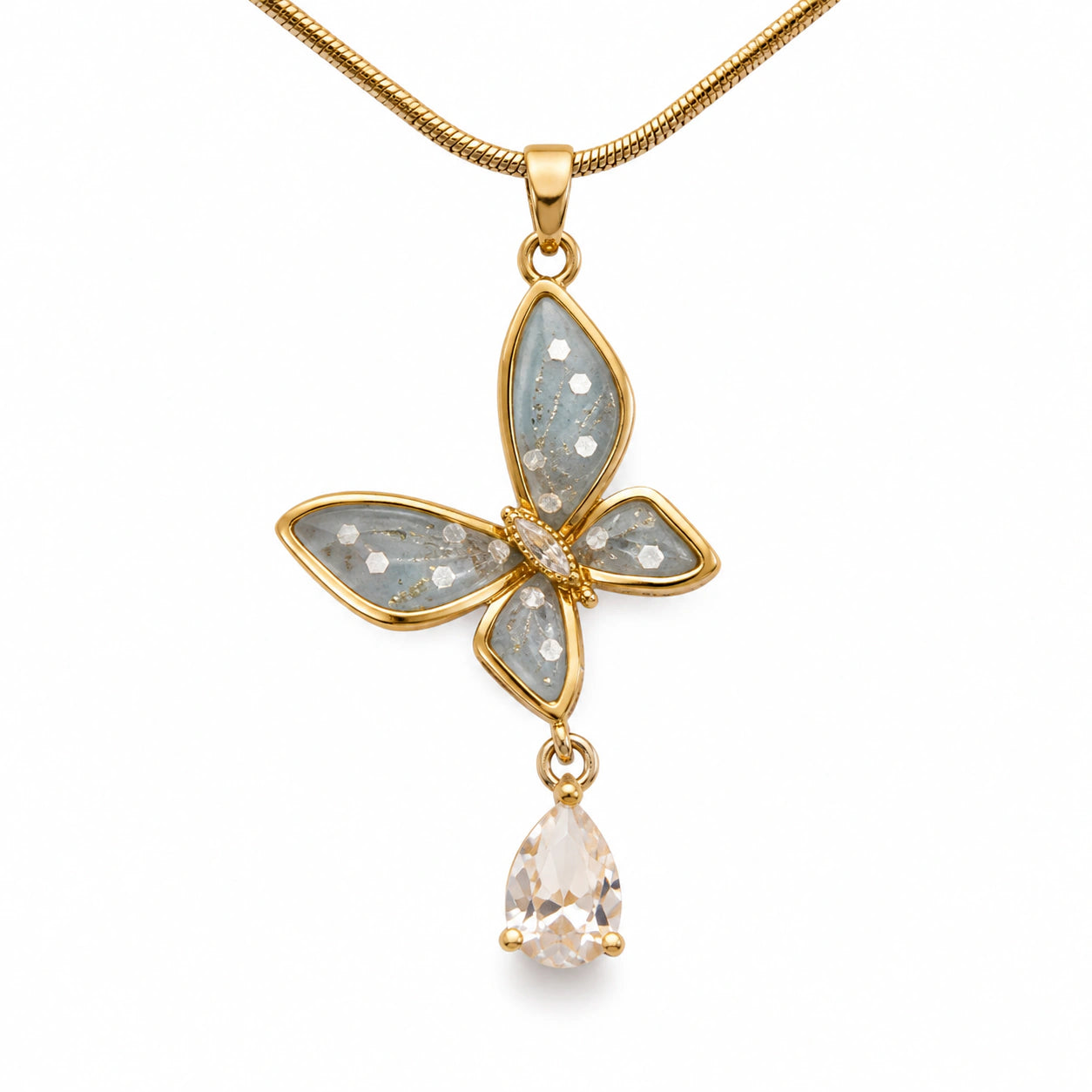 Gold-tone blue butterfly crystal drop pendant necklace