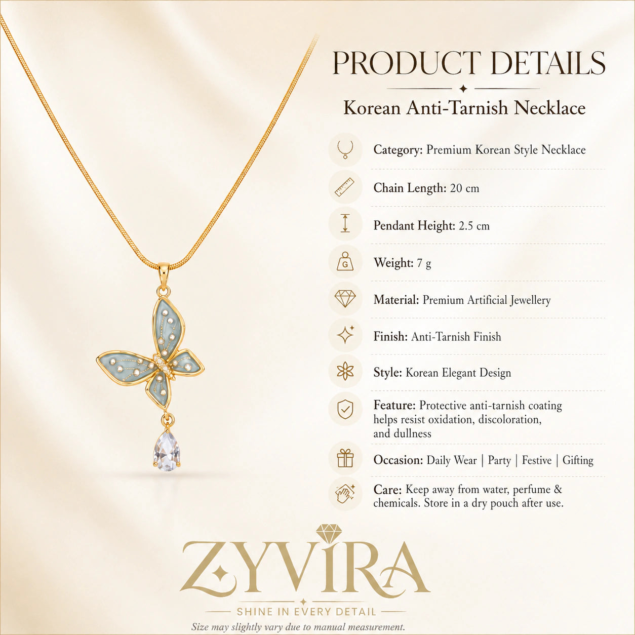 Product details card for the gold blue butterfly necklace