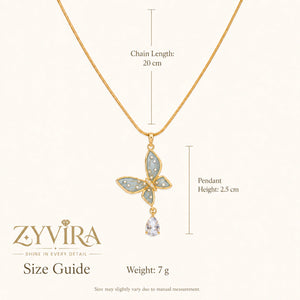 Size guide showing the proportions of the blue butterfly necklace