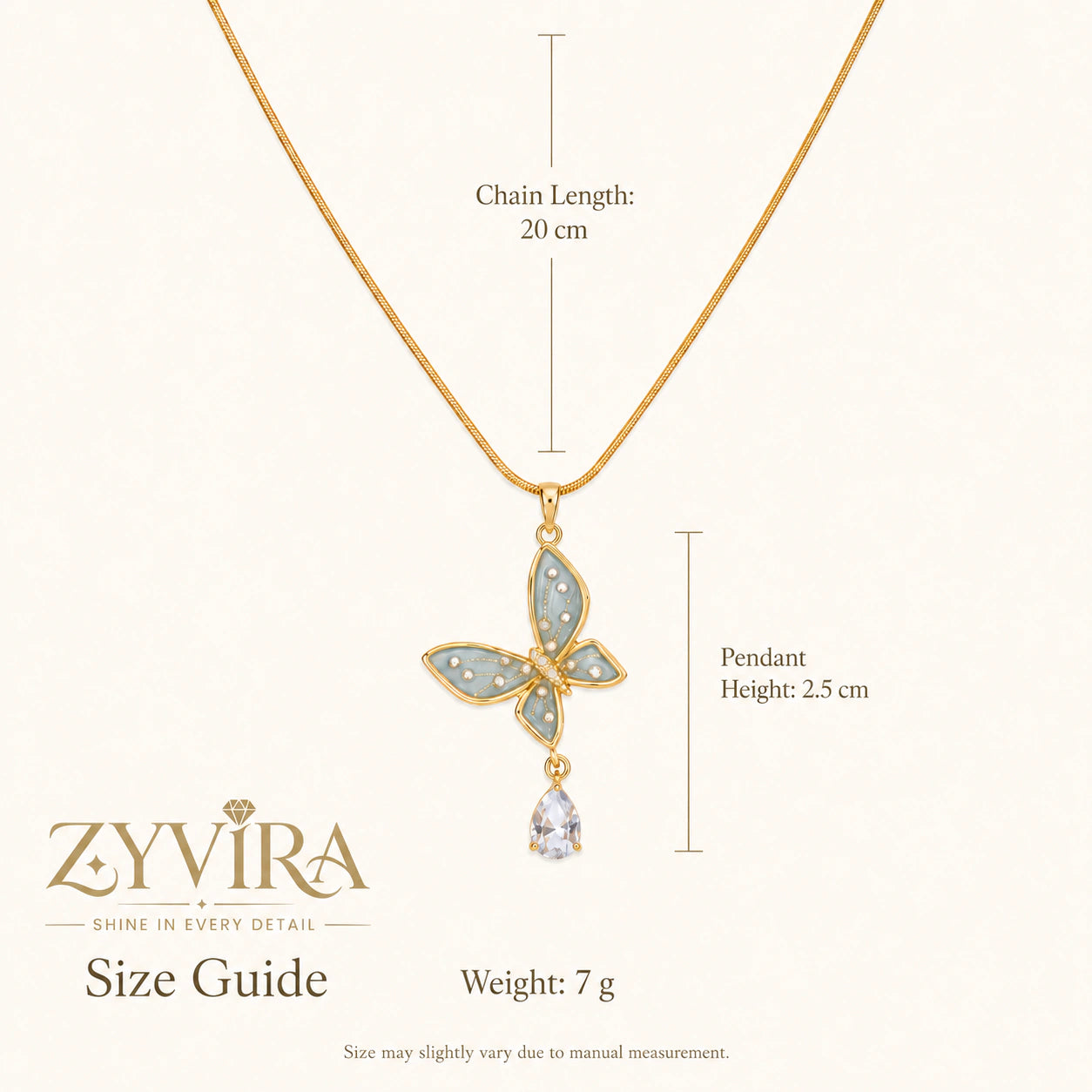 Size guide showing the proportions of the blue butterfly necklace