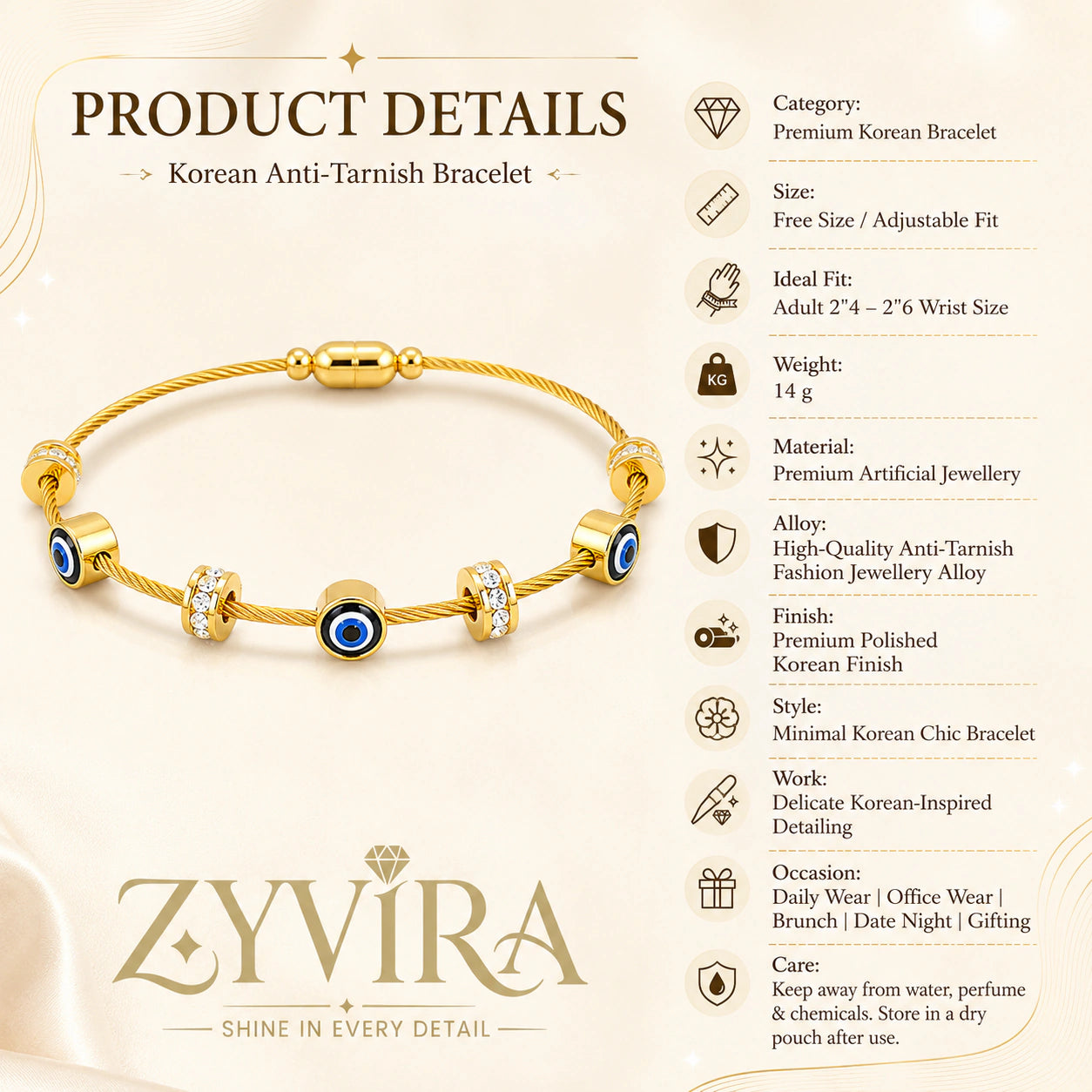 Gold blue evil-eye bracelet styled in an elegant jewellery flat lay