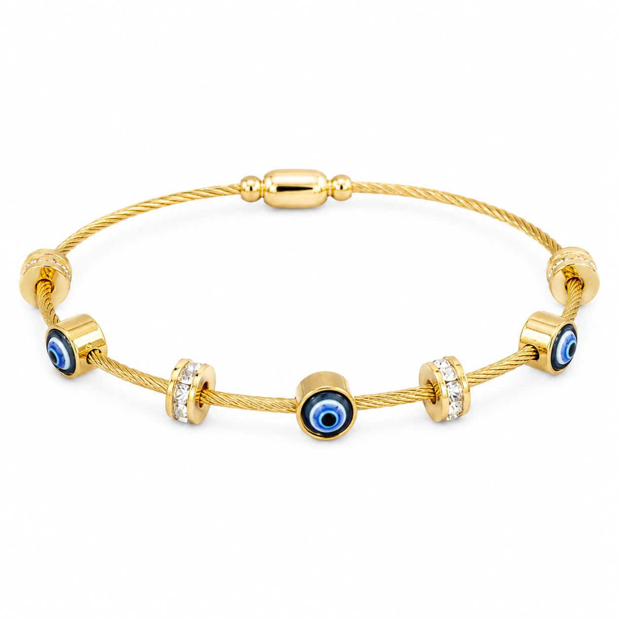 Gold-tone blue evil-eye crystal-style cable charm bracelet