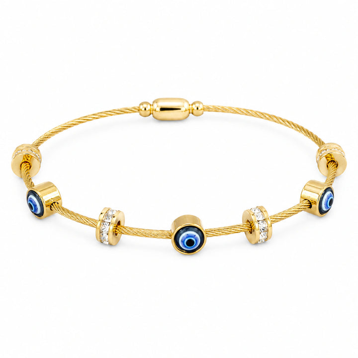 Gold-tone blue evil-eye crystal-style cable charm bracelet
