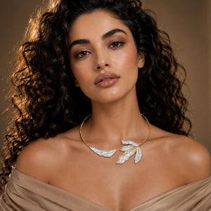 Open-collar view of the gold blush floral Hasali structure