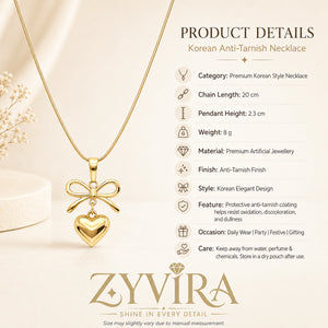Product details card for the gold bow heart pendant necklace