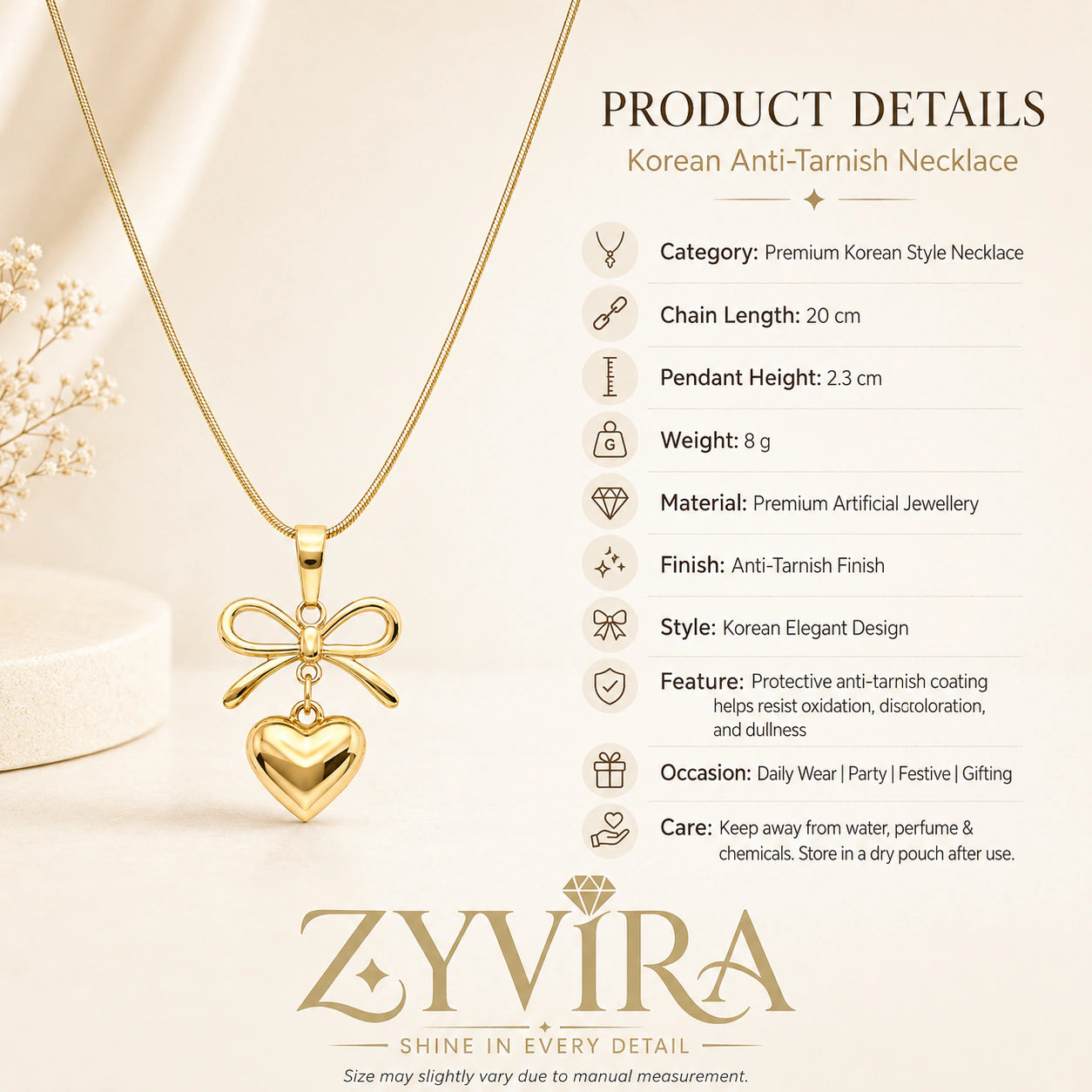 Product details card for the gold bow heart pendant necklace
