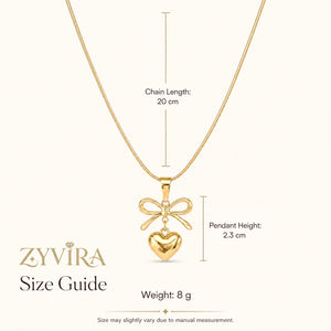 Size guide showing the proportions of the bow heart necklace