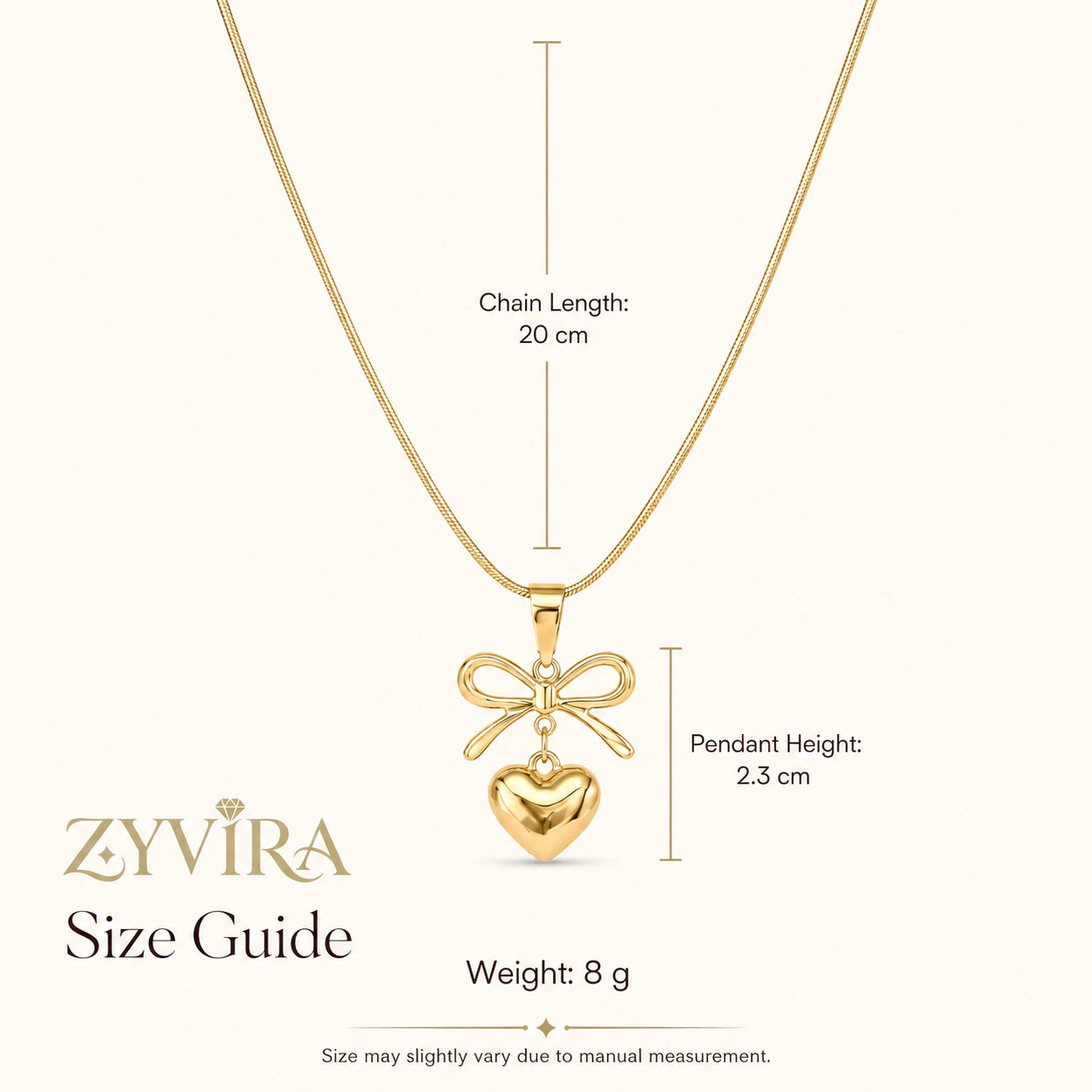 Size guide showing the proportions of the bow heart necklace