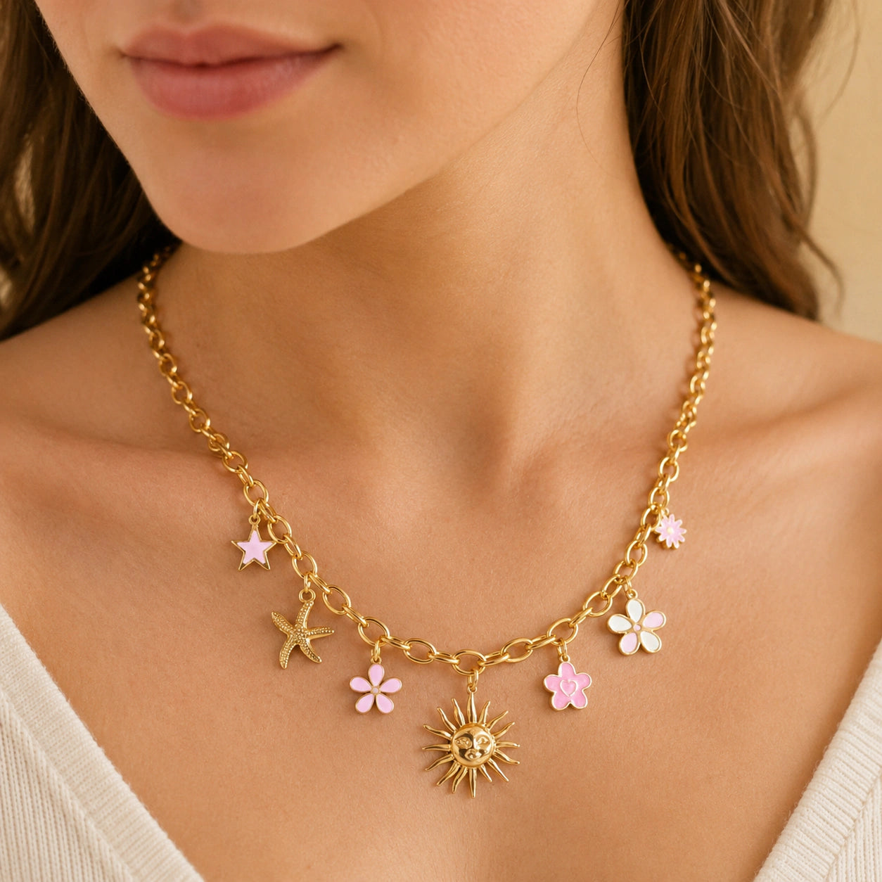 Close-up of the celestial and floral charm detailing
