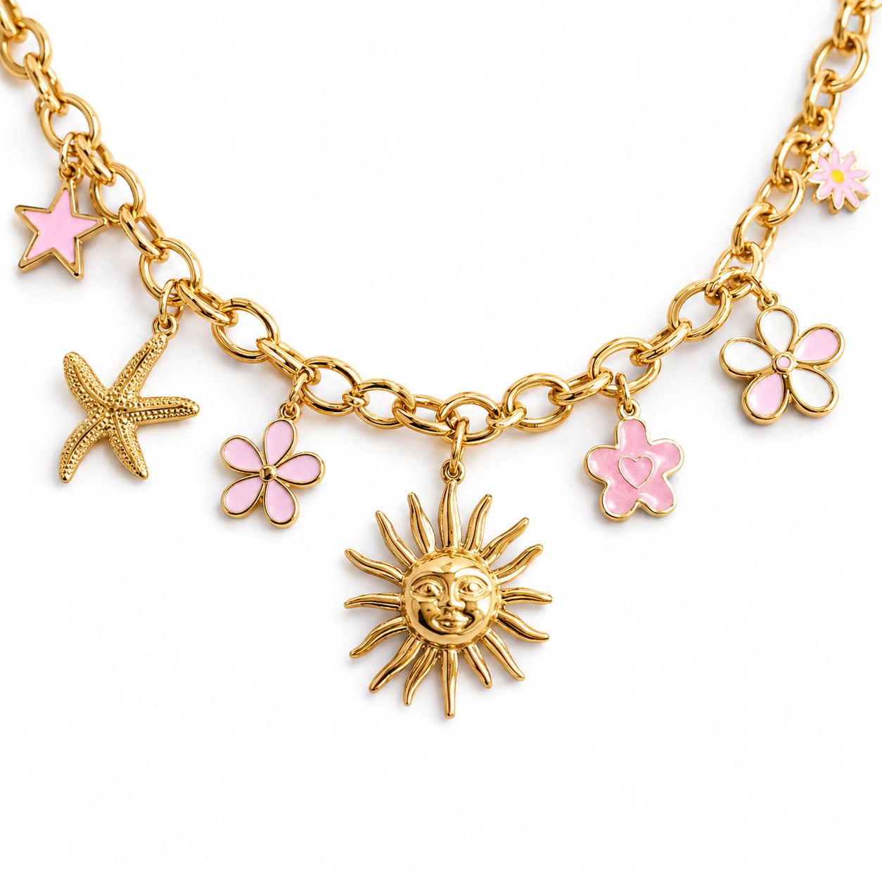 Gold-tone celestial floral charm chain necklace