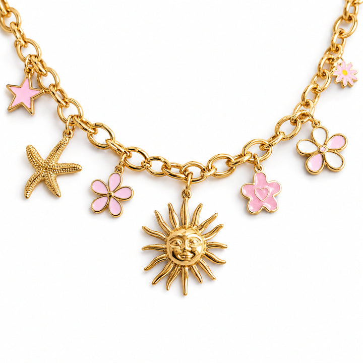 Gold-tone celestial floral charm chain necklace