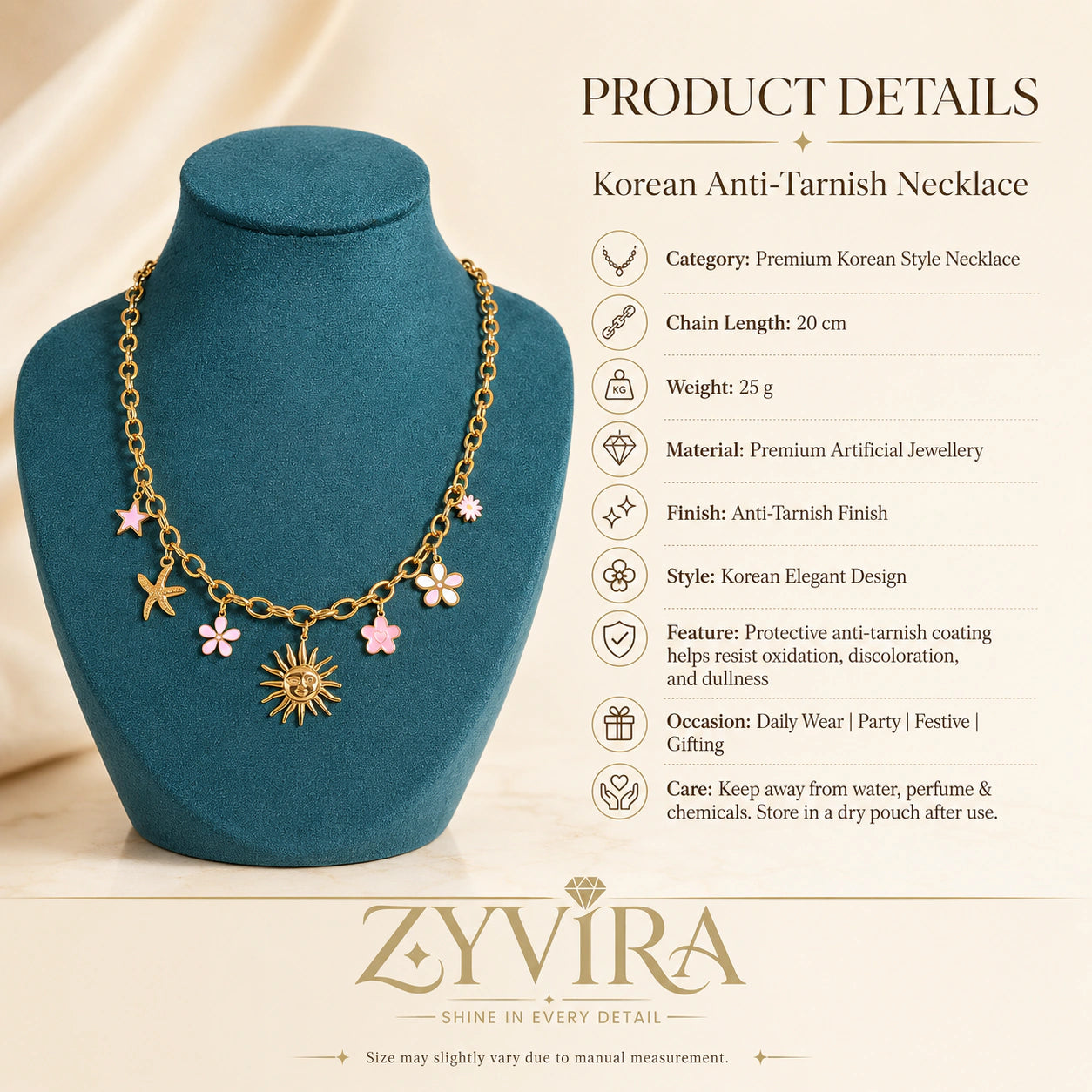 Product details card for the gold celestial floral charm necklace
