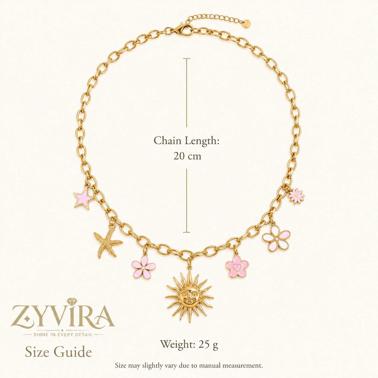 Size guide showing the proportions of the celestial floral necklace