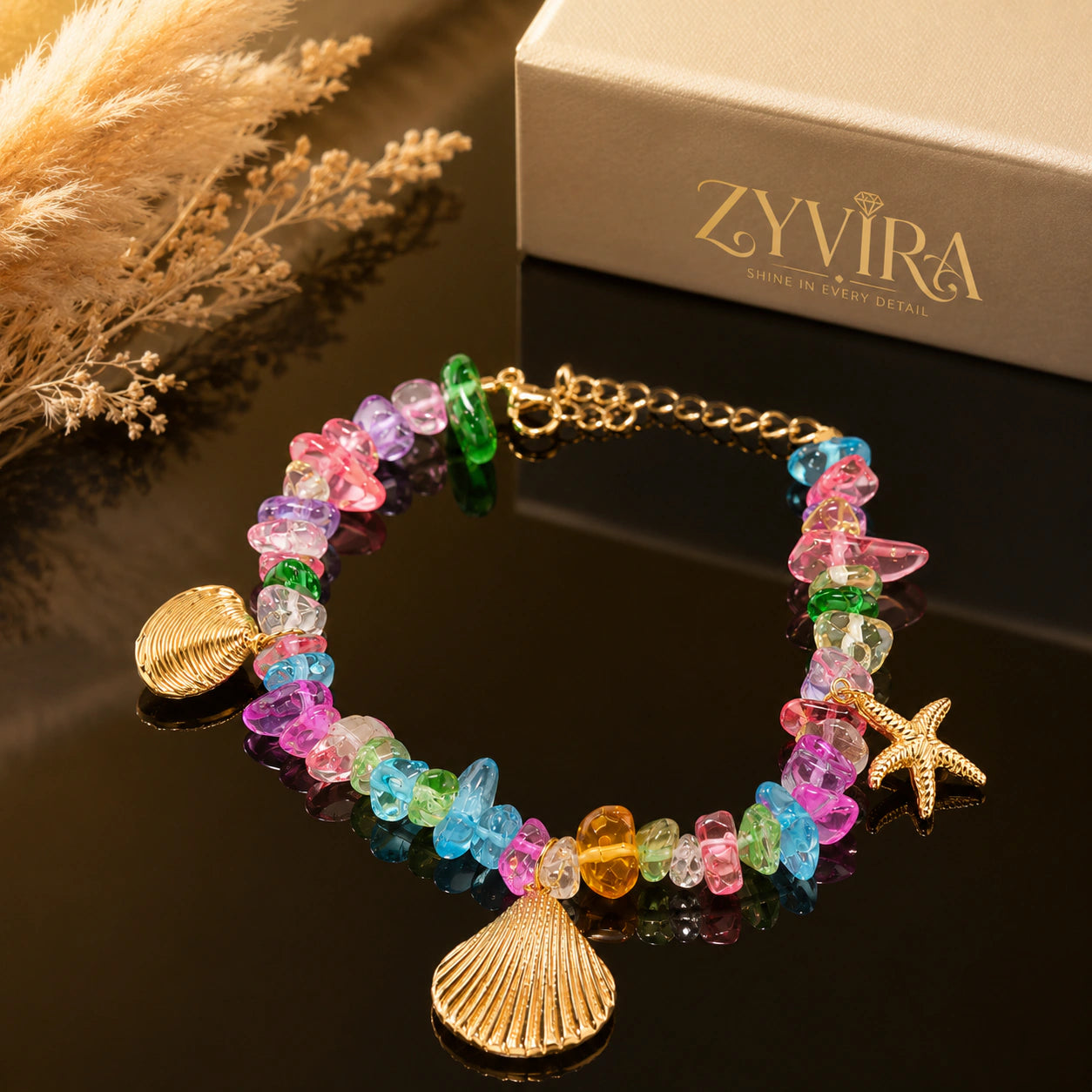 Angled view of the gold coastal shell starfish bracelet
