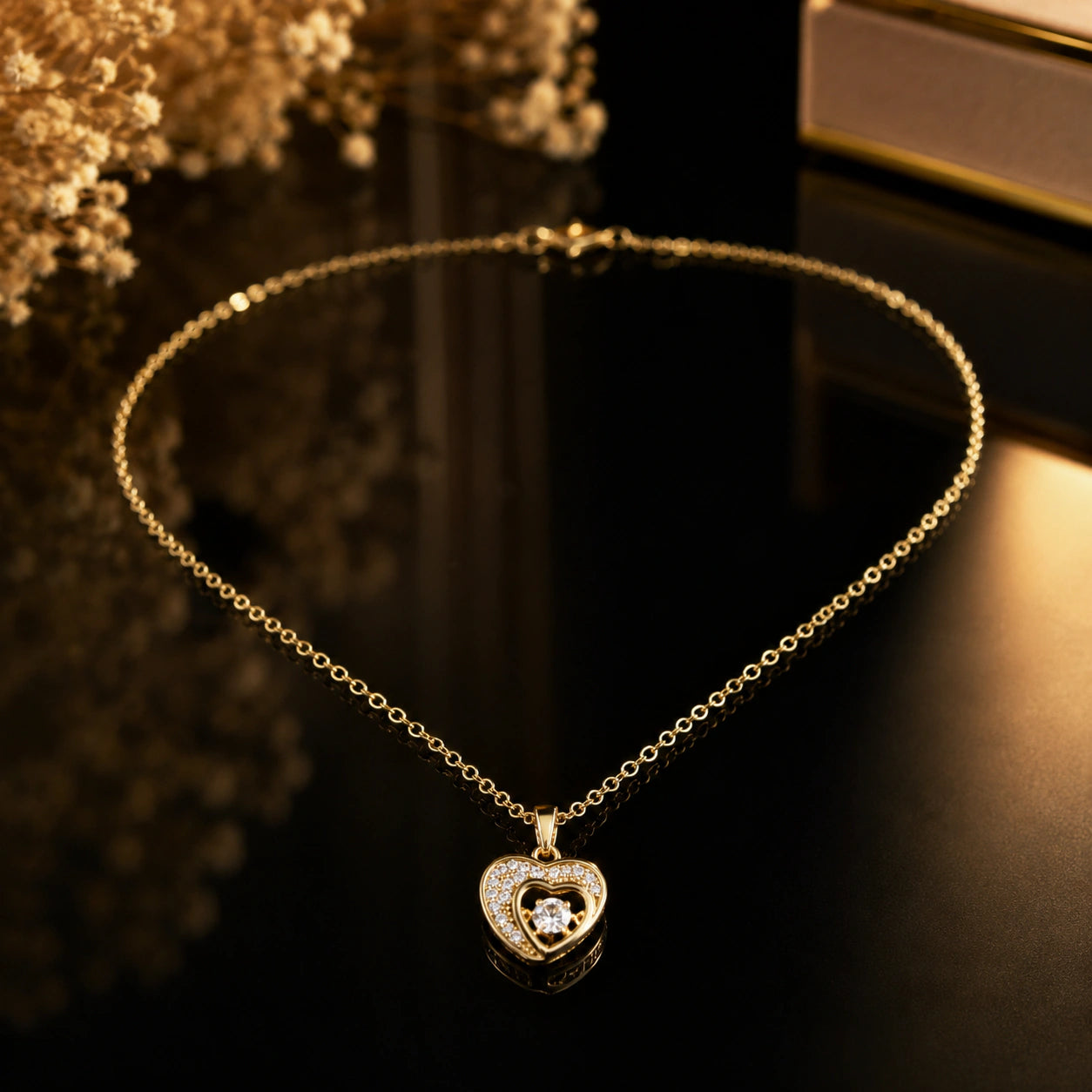 Alternate product view of the gold crystal double-heart necklace