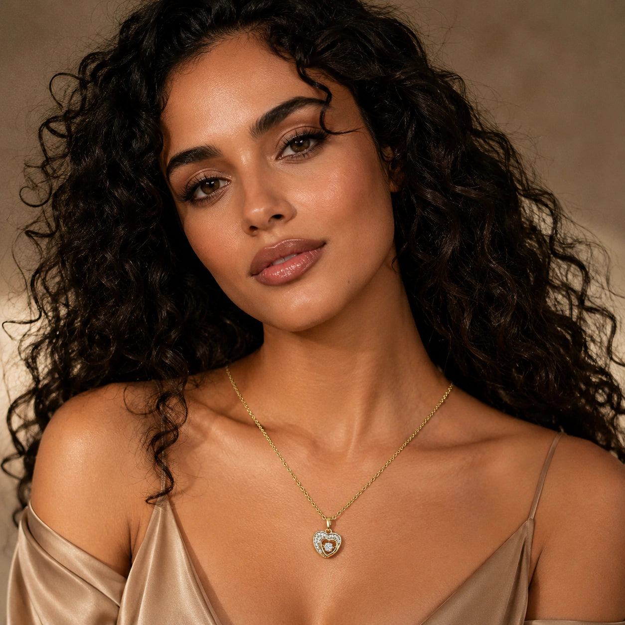 Gold double-heart crystal necklace on a dark jewellery studio display