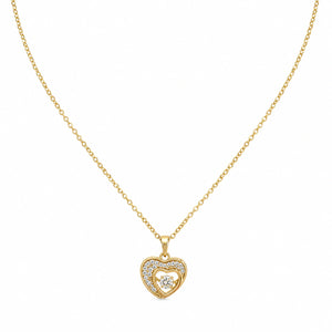 Close-up of the gold double-heart crystal pendant detailing