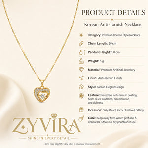 Product details card for the gold crystal double-heart necklace