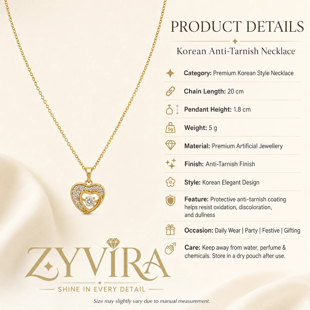 Product details card for the gold crystal double-heart necklace