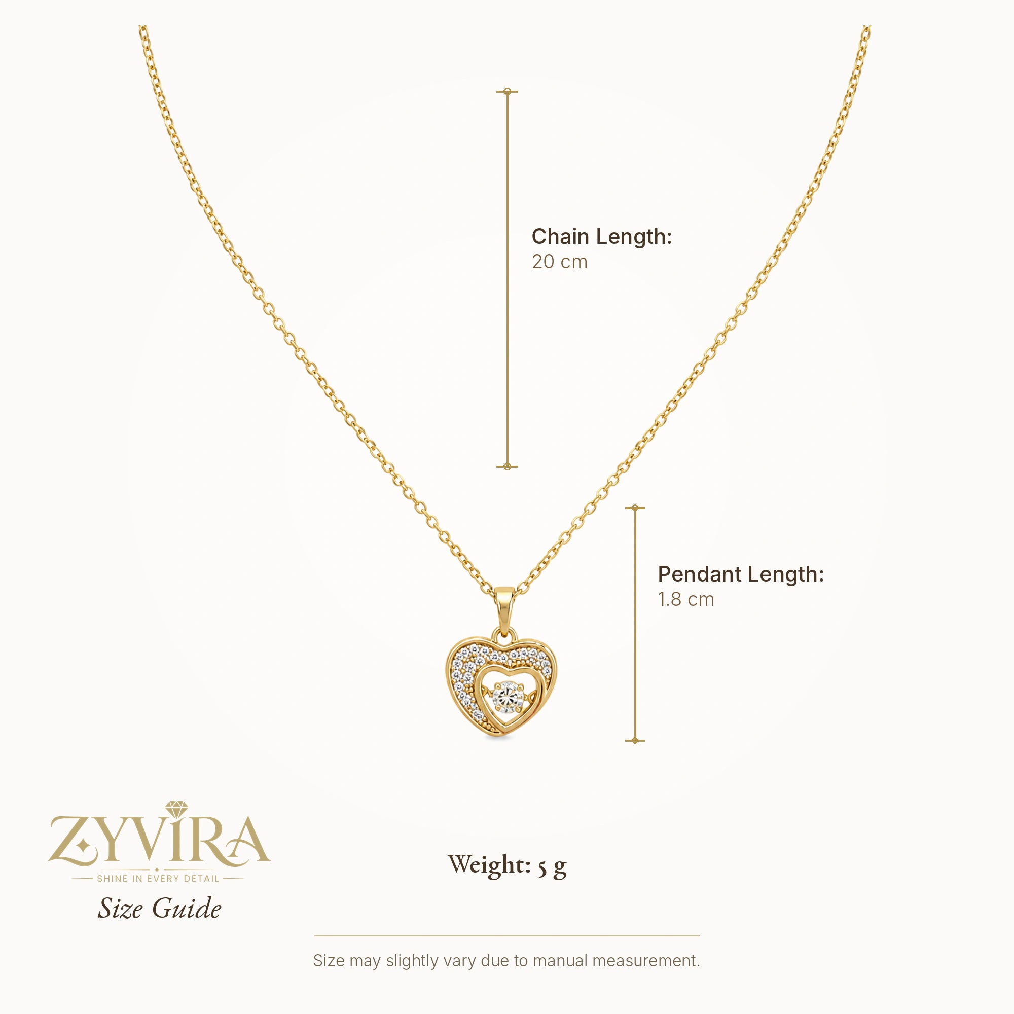 Size guide showing the proportions of the double-heart necklace
