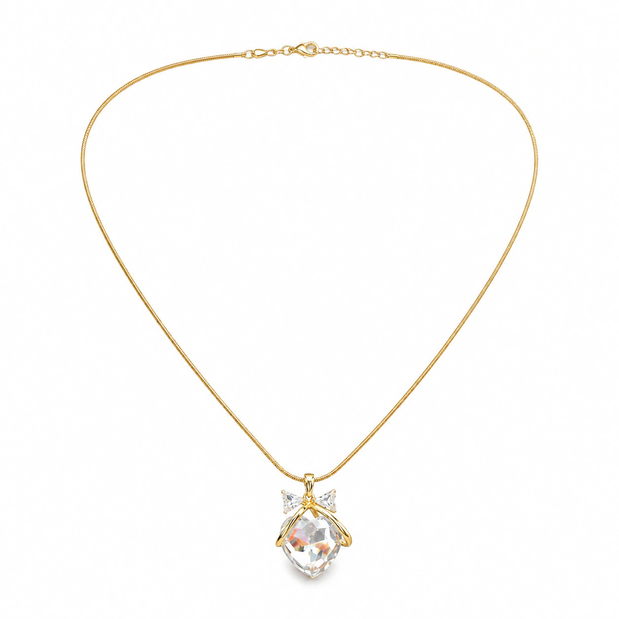 Alternate product view of the gold crystal heart bow necklace